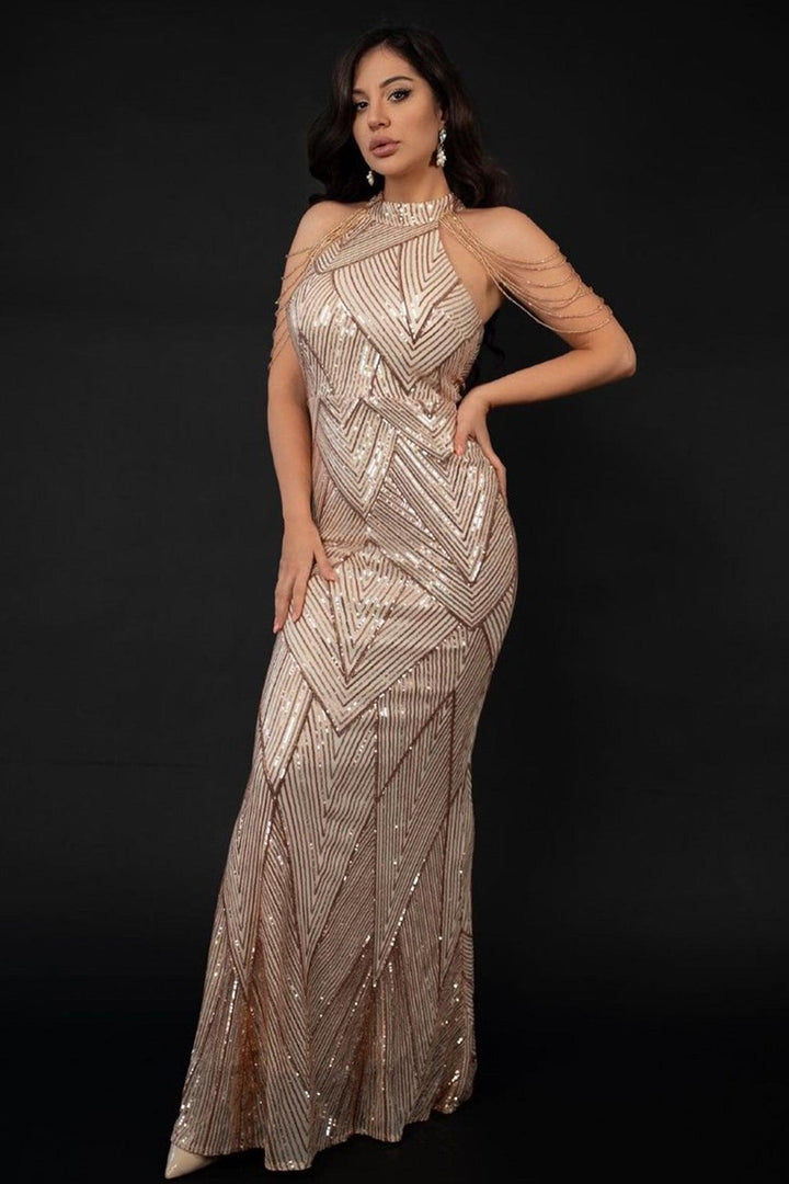 Sequin Halterneck Maxi Mermaid Prom Dress - Champagne - Bellabarnett