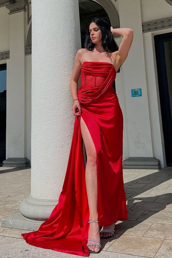 Haliya Crystallized Corset High Slit Gown - Red